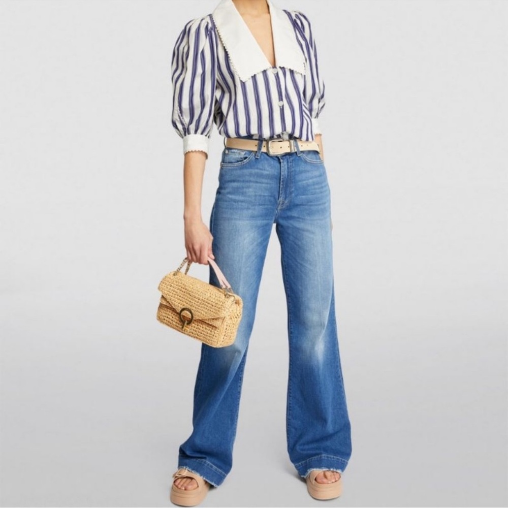 Sandro Blue and White Striped Puff-Sleeve Blouse